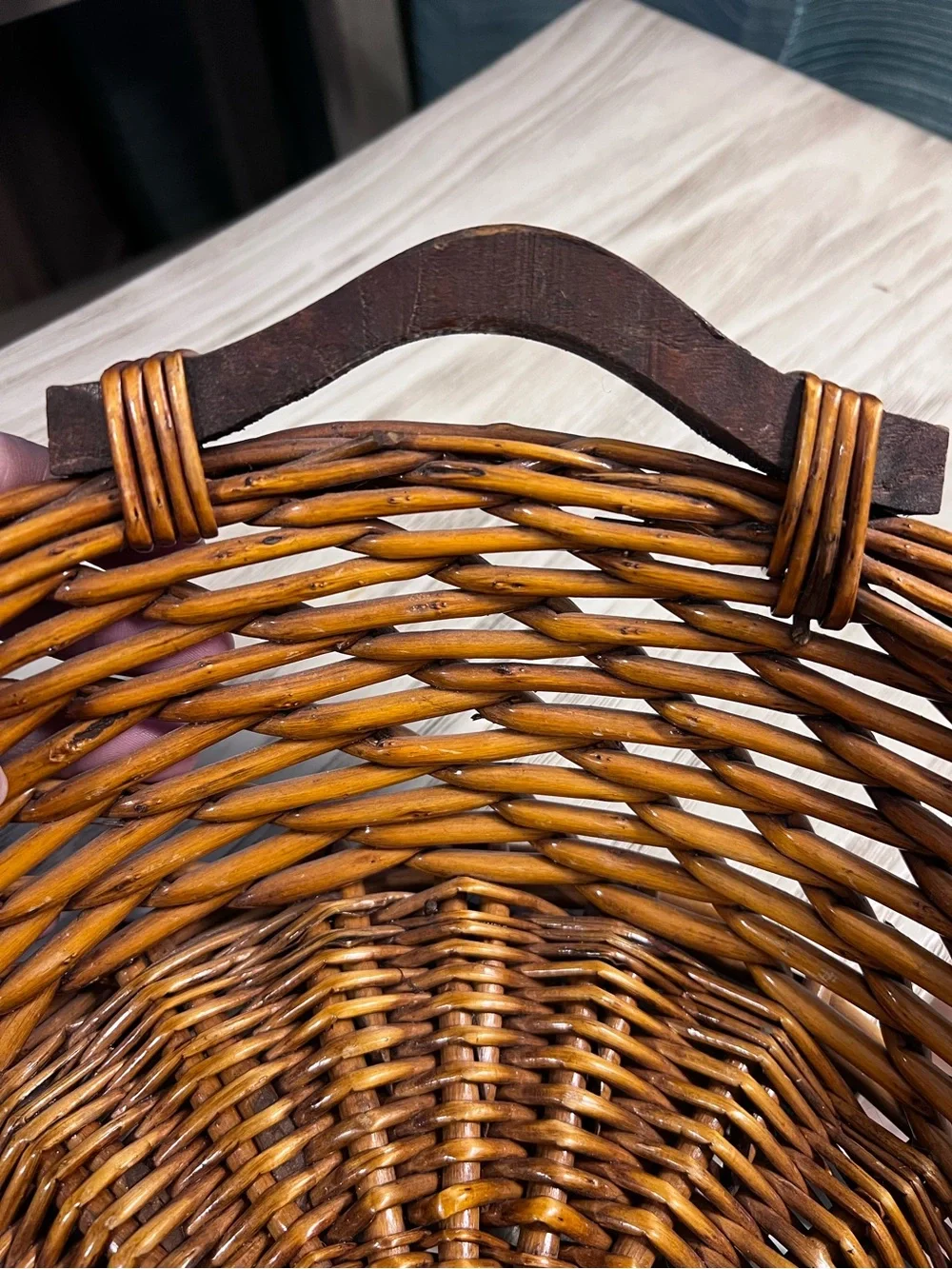 Vintage Wicker Basket Wood Handles Farmhouse Centerpiece (Basket Only)